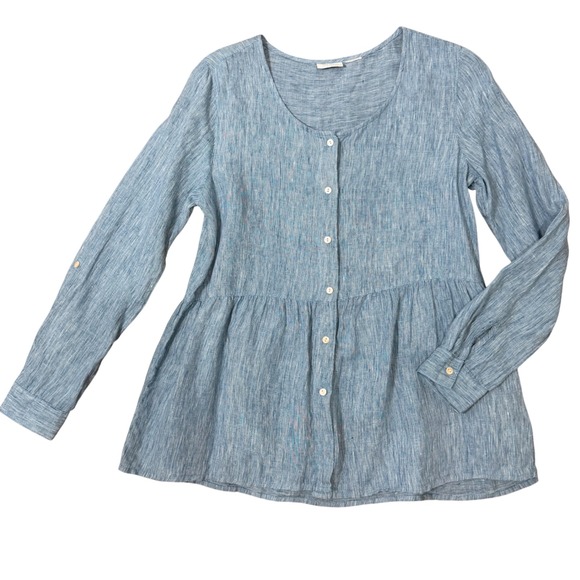 Sigrid Olsen Tops - Linen Lagenlook Button Front Peplum Blouse (M) Long Sleeve Cottagecore Boho